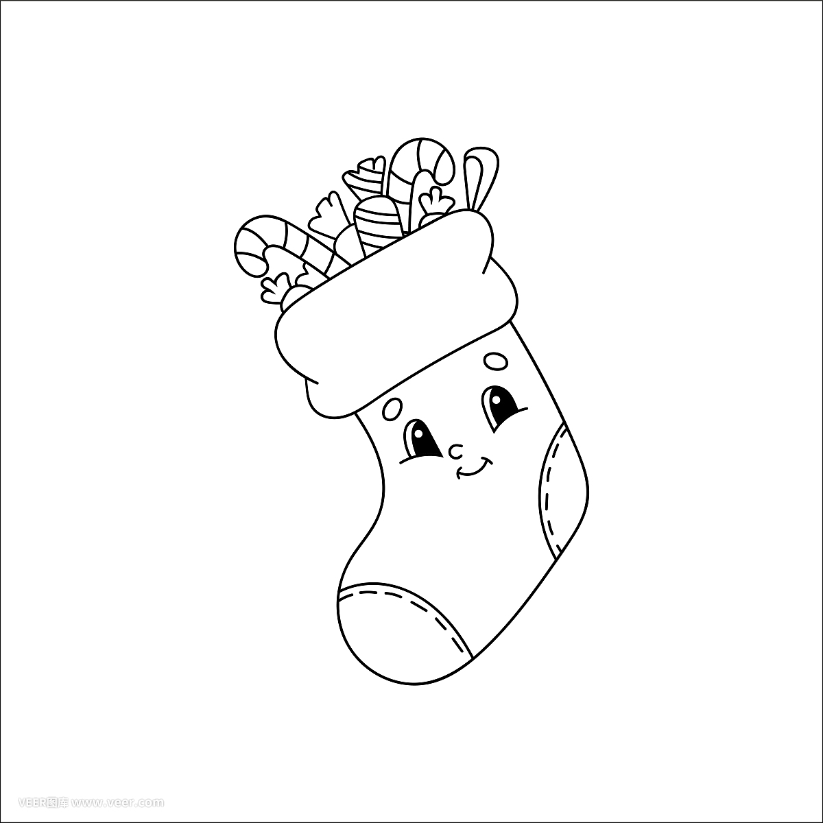 裝有禮物的圣誕襪。兒童涂色書。開朗的性格。矢量插圖。可愛的卡通風格。兒童幻想頁面。黑色的輪廓剪影。孤立在白色背景上。